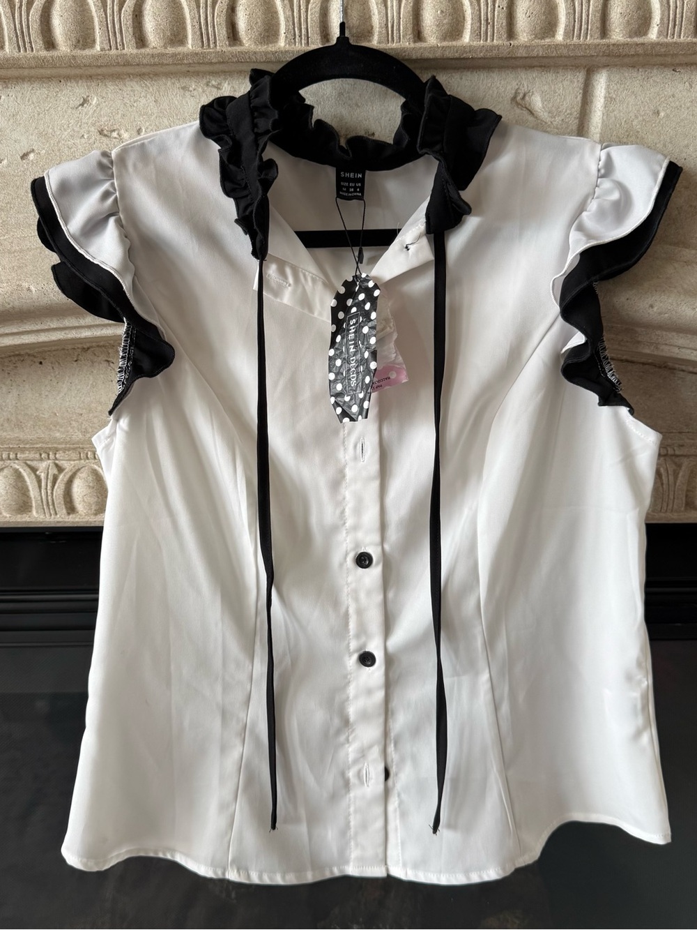 SHEIN White Blouse with Black Ruffle Collar & Sleeve Trim